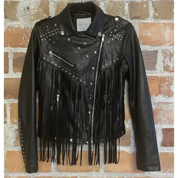 Coffee Bean Star Studded Faux Leather Fringe Black Moto Motorcycle Jacket Medium - Picture 1 of 13